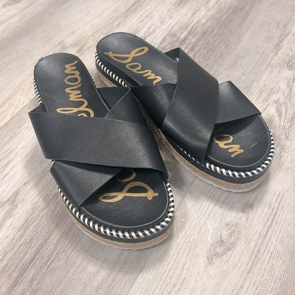 Sam Edelman Women’s Leyton Black Leather Platform Slide Espadrille Sandals / 7 - Picture 2 of 7